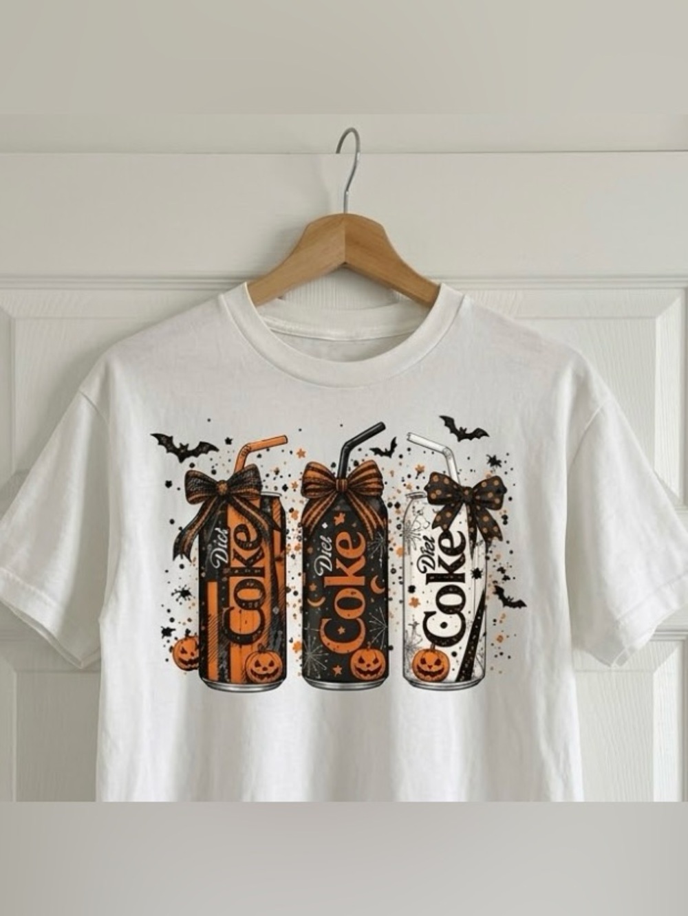 Diet Coke Halloween Soda Can Pumpkin White Spooky Fall Graphic T-Shirt - Picture 2 of 3
